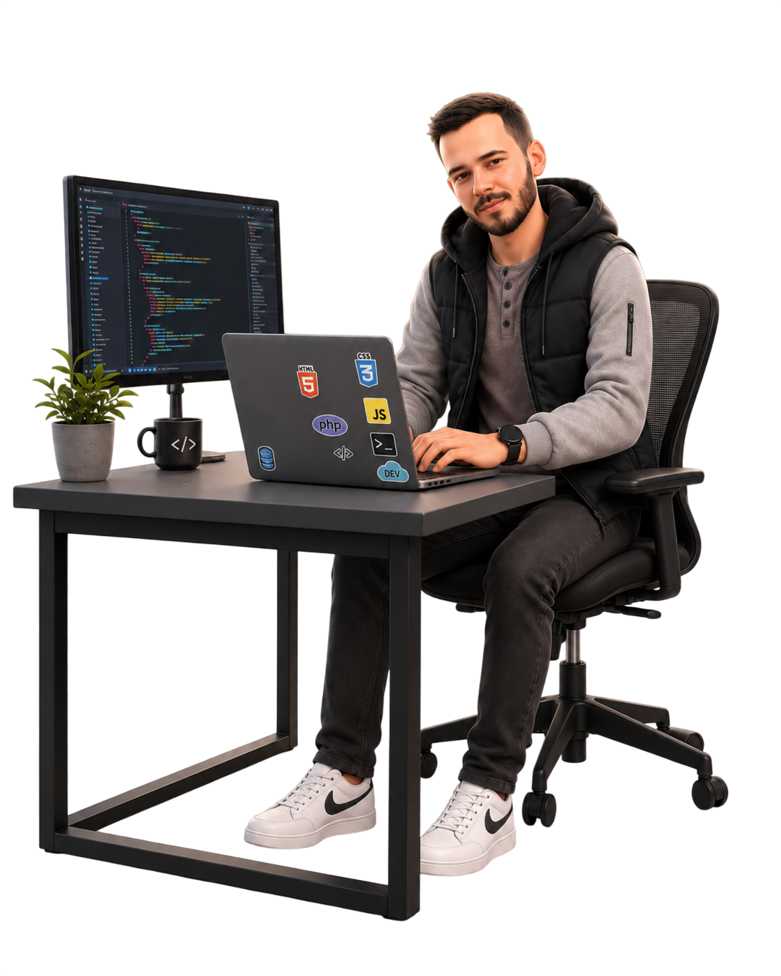Vinicius Rodrigues trabalhando em sua mesa com notebook e monitor